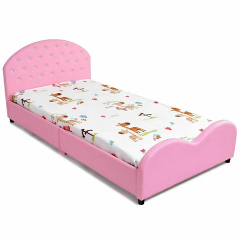 Pink faux leather toddler bed from Mypersnicketyhome.com