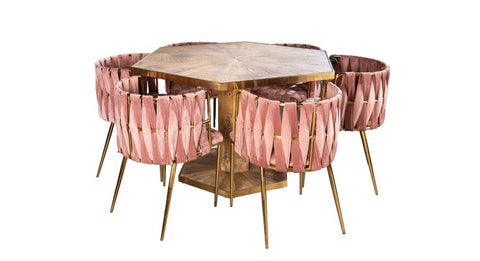 Pink wood and velvet dining set with credenza from Mypersnicketyhome.com